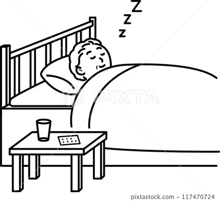 老人服用安眠藥和睡覺的插圖 — 僅畫線 117470724