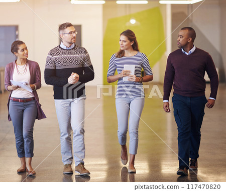 Walking, business people and tablet with management, collaboration and creative talk on web design. Brainstorming, startup and discussion for tech and website update with work planning in office 117470820