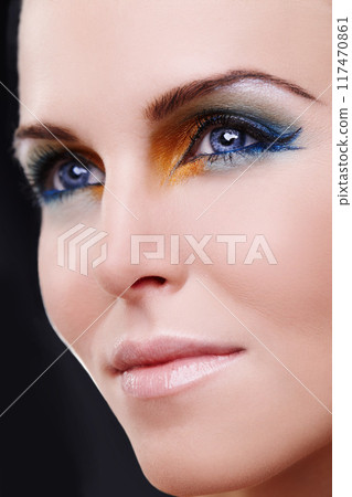 Woman, beauty and eyeshadow in studio, thinking and cosmetics for care on black background. Female person, color and creative skincare or foundation, art and eyebrow treatment or dermatology shine Woman, beauty and eyeshadow in studio, thinking and cosmetics for care on black background. Female person, color and creative skincare or foundation, art and eyebrow treatment or dermatology shine 117470861