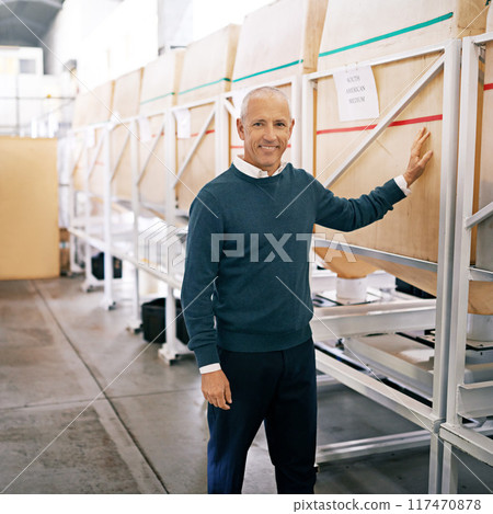 Warehouse, manufacturing and businessman in portrait with smile for logistics, packaging and delivery of product. Man, inventory and supply chain for production, storage or distribution of cargo 117470878