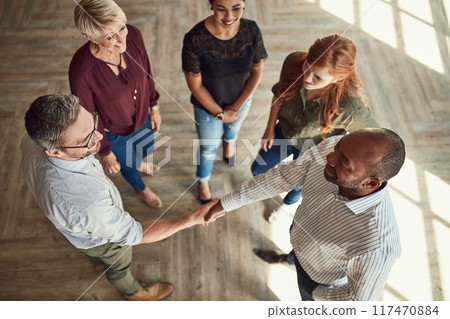 Businesspeople, team and handshake for recruitment with deal in office with greeting. Crm, above and partnership with collaboration meeting or welcome with b2b, onboarding and corporate agreement 117470884
