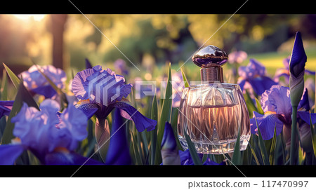 Perfume bottle with beautiful flowers. Floral background. Beauty concept. Flat lay, top view. 117470997