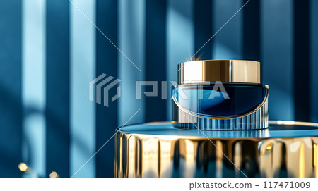 Cosmetic cream in a glass jar on a blue backdrop. Skin care concept. Background for beauty products Cosmetic cream in a glass jar on a blue backdrop. Skin care concept. Background for beauty products 117471009
