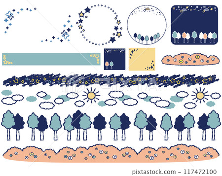 A set of decorative frames and lines such as stars, clouds, and trees 117472100
