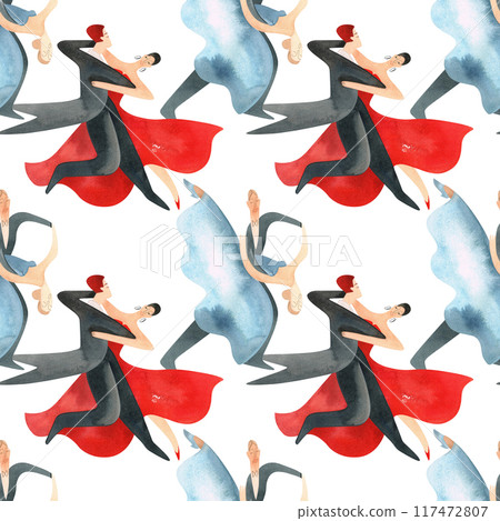 Ballroom dancing, standard. Adult couples on the parquet. Isolated watercolor illustration. Seamless pattern. White background Ballroom dancing, standard. Adult couples on the parquet. Isolated watercolor illustration. Seamless pattern. White background 117472807
