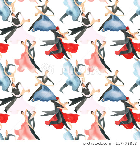 Ballroom dancing, standard. Adult couples on the parquet. Isolated watercolor illustration. Seamless pattern. White background Ballroom dancing, standard. Adult couples on the parquet. Isolated watercolor illustration. Seamless pattern. White background 117472818