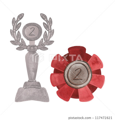 A set of silver awards for the winner in second place: a cup and a medal. Isolated watercolor illustration on white background. Clipart 117472821