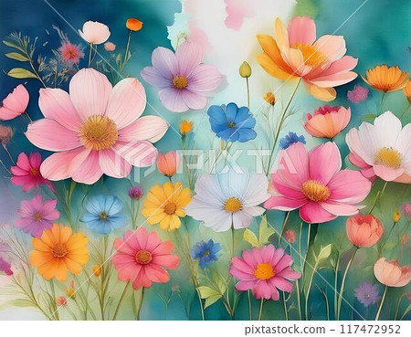 Many cosmos flowers painted in watercolor 117472952