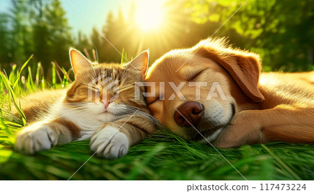 Cat and Dog Sleeping Chilling Relaxing Together on a Fresh Green Meadow - Generative Ai Cat and Dog Sleeping Chilling Relaxing Together on a Fresh Green Meadow - Generative Ai 117473224