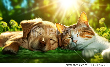 Cat and Dog Sleeping Chilling Relaxing Together on a Fresh Green Meadow - Generative Ai 117473225