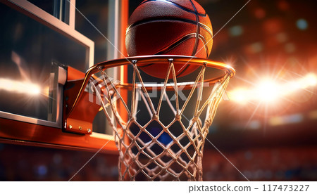 Close-up of a Basketball Ball Scoring Winning Points on Basketball Hoop - Generative Ai 117473227