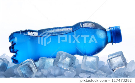 Close-up of a Cold Plastic Bottle of Water on Ice Cubes - Generative Ai 117473292