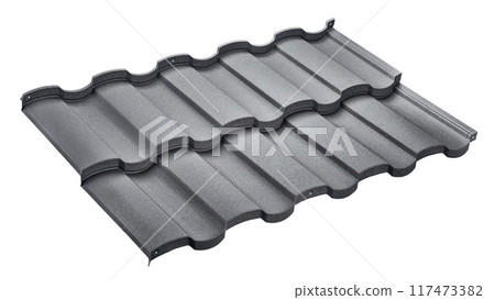Lightweight gray steel roofing sheet isolated on white background. Modular tile effect roof panel. Traditional metal shingle tiles. Popular profiled metallic pantile mimic clay or concrete slate Lightweight gray steel roofing sheet isolated on white background. Modular tile effect roof panel. Traditional metal shingle tiles. Popular profiled metallic pantile mimic clay or concrete slate 117473382