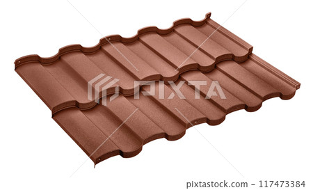 Lightweight red steel roofing sheet isolated on white background. Modular tile effect roof panel. Traditional metal shingle tiles. Popular profiled metallic pantile mimic clay or concrete slate 117473384