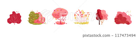 Autumn set of decorative bushes with thin branches of pink and red trees. Leaf fall. Multi-colored bright botany. Bushes with folk branches. Isolated vector white background..eleven Autumn set of decorative bushes with thin branches of pink and red trees. Leaf fall. Multi-colored bright botany. Bushes with folk branches. Isolated vector white background..eleven 117473494