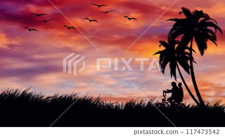 Illustration of silhouettes of people riding a bicycle at sunset  117473542