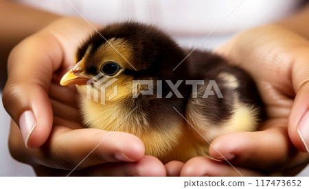 Close-up of the Hands of a Child Holding a Newborn Cute Chick - Generative Ai 117473652