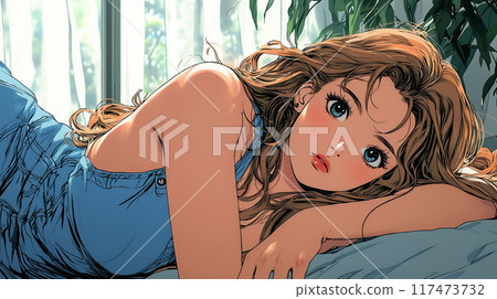 一個具有復古風格的女人躺著的插圖 一個具有復古風格的女人躺著的插圖 117473732