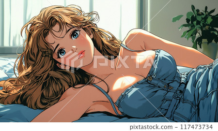 一個具有復古風格的女人躺著的插圖 一個具有復古風格的女人躺著的插圖 117473734