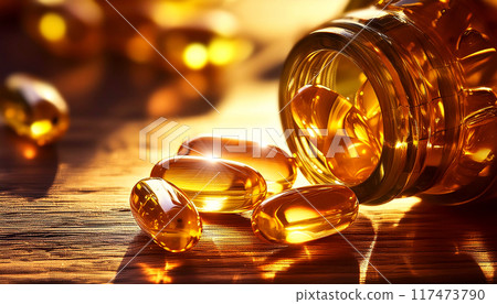 Closeup of Fish Oil Omega 3 Capsules Vitamin with EPA and DHA - Generative Ai 117473790
