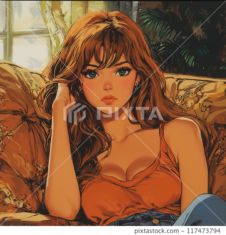 一個坐在沙發上的復古風格女人的插圖 117473794