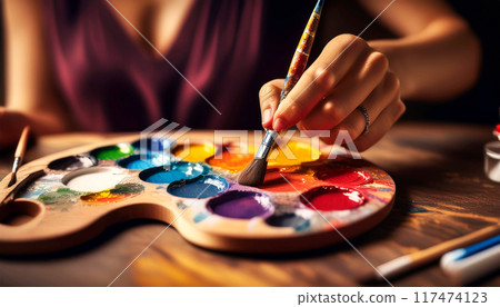 Hand of a Female Painter Using Color Palette and a Paintbrush - Generative Ai 117474123