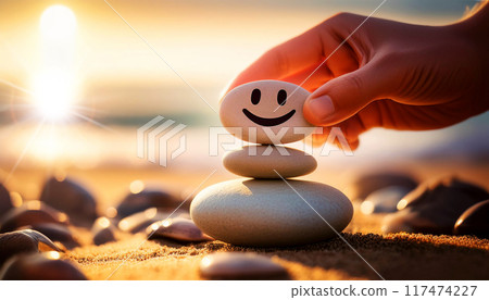 Hand Placing a Pebble with Smiling Face on Top of a Stack of Pebbles - Generative Ai Hand Placing a Pebble with Smiling Face on Top of a Stack of Pebbles - Generative Ai 117474227