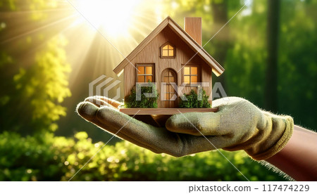Hand with Work Glove Holding Holding a Small Wooden House in a Forest - Generative Ai 117474229