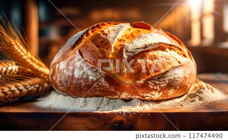Loaf of Warm Bread on a Wooden Table With Flour and Ears of Wheat - Generative Ai 117474490