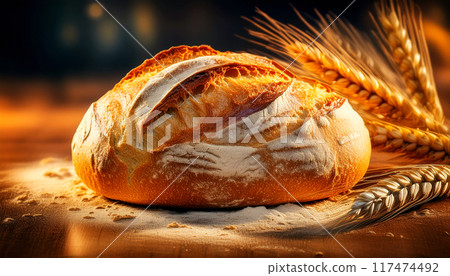 Loaf of Warm Bread on a Wooden Table With Flour and Ears of Wheat - Generative Ai 117474492