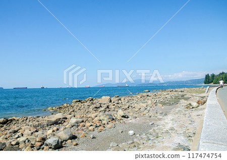 View of English Bay from Stanley Park Beach 2, Vancouver, BC, Canada 117474754