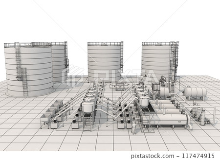 oil refinery, chemical production, waste processing plant, exterior visualization, 3D illustration, cg oil refinery, chemical production, waste processing plant, exterior visualization, 3D illustration, cg 117474915