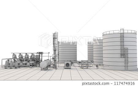 oil refinery, chemical production, waste processing plant, exterior visualization, 3D illustration, cg 117474916