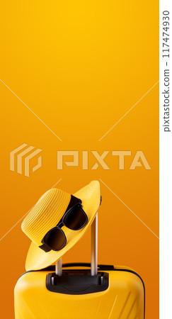 Suitcase or Luggage Bag With Straw Hat and Sunglasses on a Yellow Background - Generative Ai 117474930