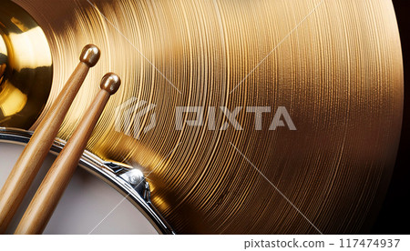Two Wooden Drumsticks on a Snare Drum and Golden Cymbal - Generative Ai 117474937