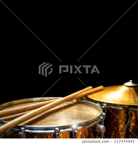 Two Wooden Drumsticks on a Snare Drum and Golden Cymbal - Generative Ai 117474942