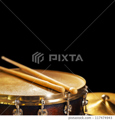 Two Wooden Drumsticks on a Snare Drum and Golden Cymbal - Generative Ai 117474943