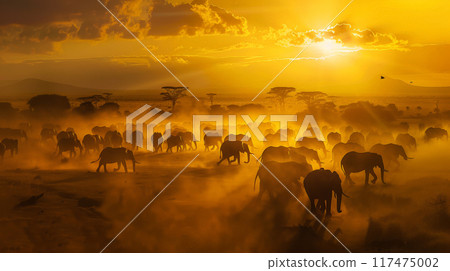 sunset, silhouettes, elephants 117475002