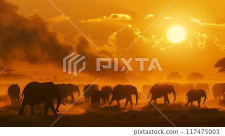 sunset, silhouettes, elephants 117475003