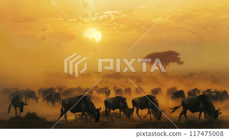 wildebeest, sunset, animals 117475008