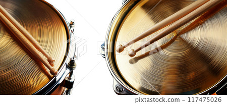 Wooden Drumsticks on a Snare Drum and Golden Cymbal Isolated on White - Generative Ai Wooden Drumsticks on a Snare Drum and Golden Cymbal Isolated on White - Generative Ai 117475026