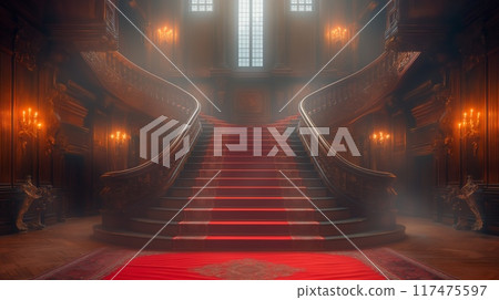 Grand staircase with red carpet in stately home 117475597