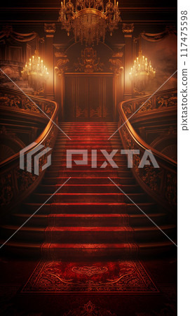 Elegant staircase with red carpet and chandeliers 117475598