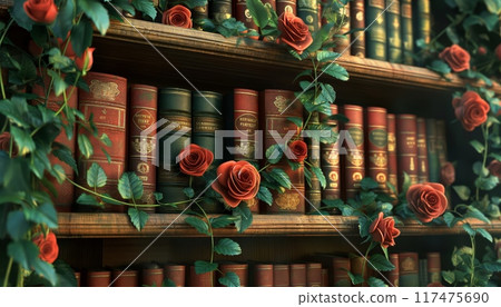 Rose-adorned books on a wooden shelf Rose-adorned books on a wooden shelf 117475690