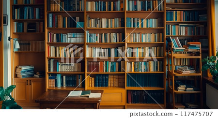 Library interior with books and empty table Library interior with books and empty table 117475707