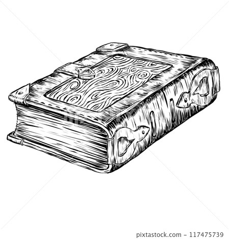 black and white drawing ancient book leather-bound folio with metal edging. Vector illustration is an ancient book with patterns and a strap for fastening the book. Thick Paper Book Chronicle or black and white drawing ancient book leather-bound folio with metal edging. Vector illustration is an ancient book with patterns and a strap for fastening the book. Thick Paper Book Chronicle or 117475739