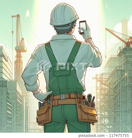 Rear view of a male worker taking a picture of a construction site with his smartphone 117475755