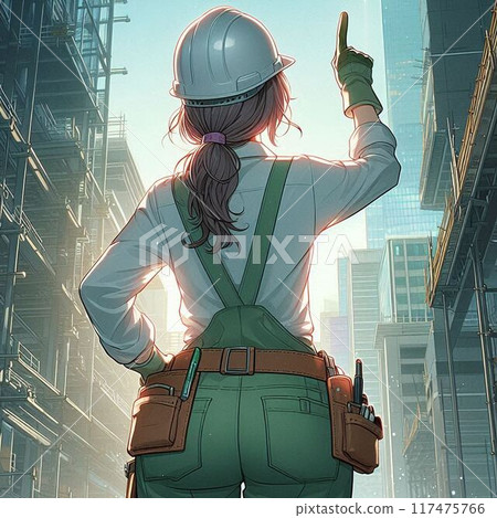 Rear view of a female worker looking up at a construction site and pointing at a problem area 117475766