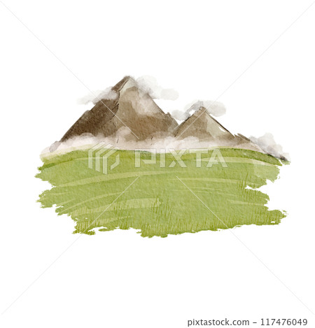 Watercolor illustration of misty mountains and green field. Illustration mountain range watercolor forest wild nature. Glade with grass. Wild landscape element. Perfect textile design, postcard, pack. Watercolor illustration of misty mountains and green field. Illustration mountain range watercolor forest wild nature. Glade with grass. Wild landscape element. Perfect textile design, postcard, pack. 117476049