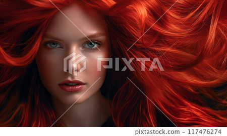 Portrait of woman with long curly beautiful ginger hair. Portrait of woman with long curly beautiful ginger hair. 117476274